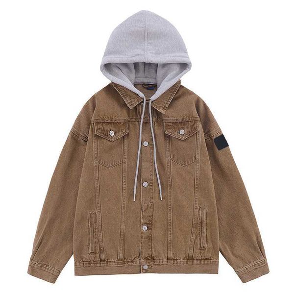 

2023 casual denim coat male spring and autumn hooded high street trend handsome loose fashion fake two tooling stone jacket, Black