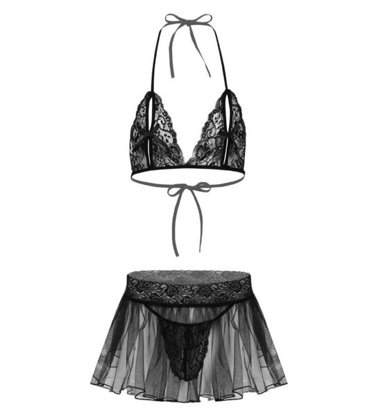 

bras sets men sissy see through sheer lace lingerie set halter neck nipple split bra mini flared skirt with briefs male c2124903, Red;black