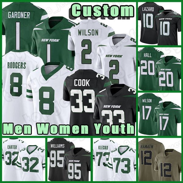 

dalvin cook sauce gardner aaron rodgers football jerseys new yorks garrett wilson jetes zach wilson allen lazard quinnen williams breece hal, Black;red