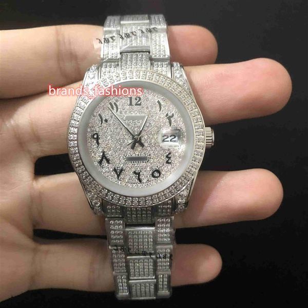 

new men's ice diamond wristwatch arabic digital scale watch silver stainless steel case diamond strap automatic mechanical wa336m, Slivery;brown