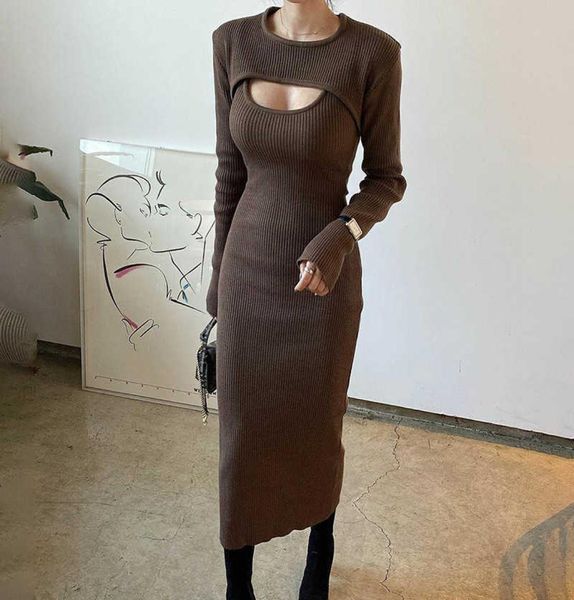 

winter knit maxi dress women korean fashion two pieces shawl cropped hollow out bodycon evening party brown dresses woman y102814828, Black;gray