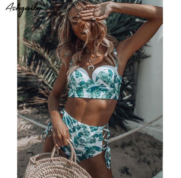 

high waist swimwear women swimsuit 2018 bikini bandage bikinis set padded bathing suit new leaf print biquini maillot de bain t3191537612, White;black