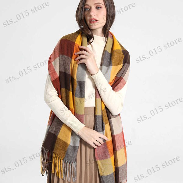 

scarves 2022 new women simulated cashmere checker scarf warm in winter long thick cashmere touch tassel fashion color checker scarf t230425, Blue;gray