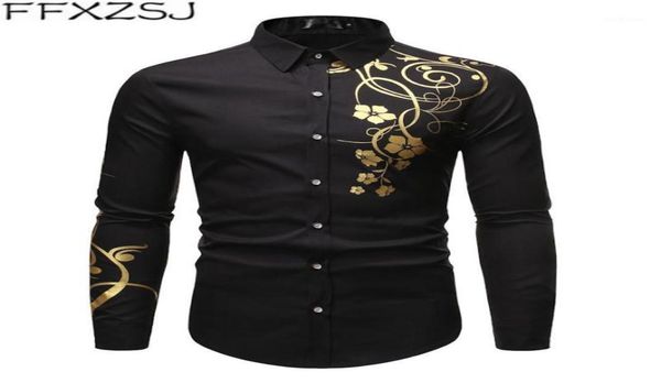 

stylish gold flower print black shirt men 2020 spring new slim fit long sleeve mens dress shirts party casual male social shirt17124410, White;black