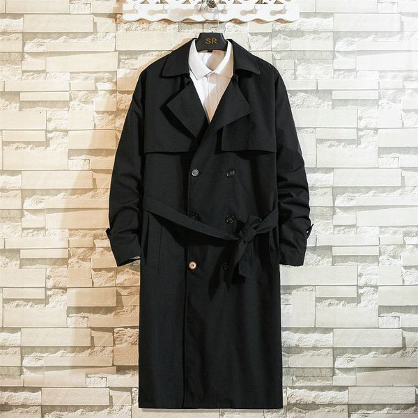 

men's trench coats korean fashion spring coat mens windbreaker trenchcoat men smart casual loose long overcoat streetwear big size 5xl, Tan;black