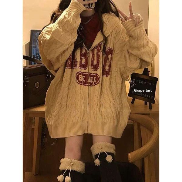 

autumn and winter sweaters design sense niche oversize hooded sweater cardigan female japanese languid style, White;black