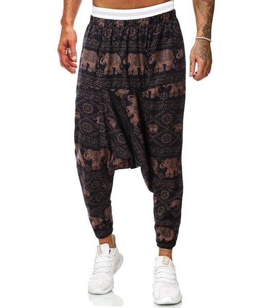 

men's pants hip hop -pants hippie baggy trousers printed loose ankle adults elastic waist cotton linen low crotch7828454, Black