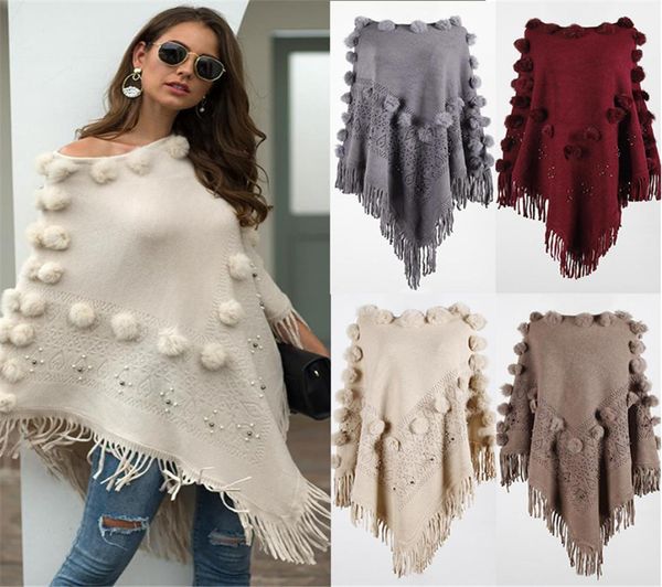 

round neck hairball cape poncho sweaters women winter knitted tassel solid capes shawl coat ponchos elegantes autumn cloak shawl y8596028, White;black