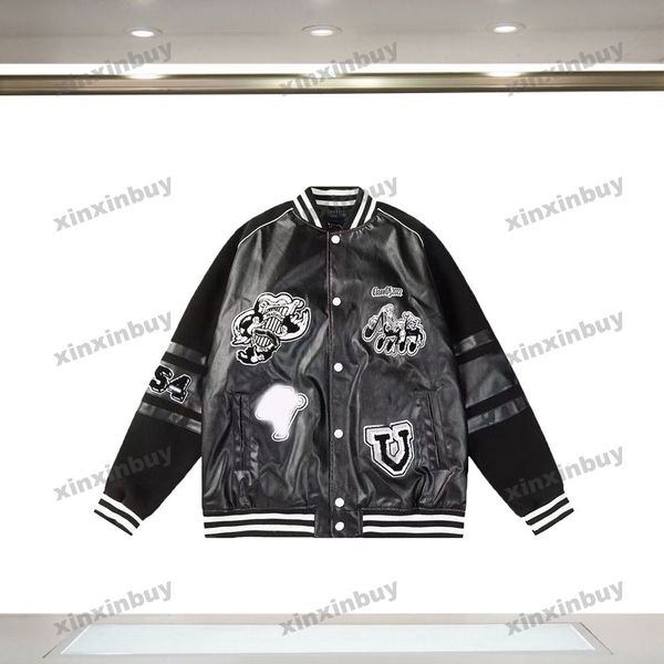 

xinxinbuy men designer coat jacket towel embroidery letter leather fabric long sleeve women gray black white s-2xl, Black;brown
