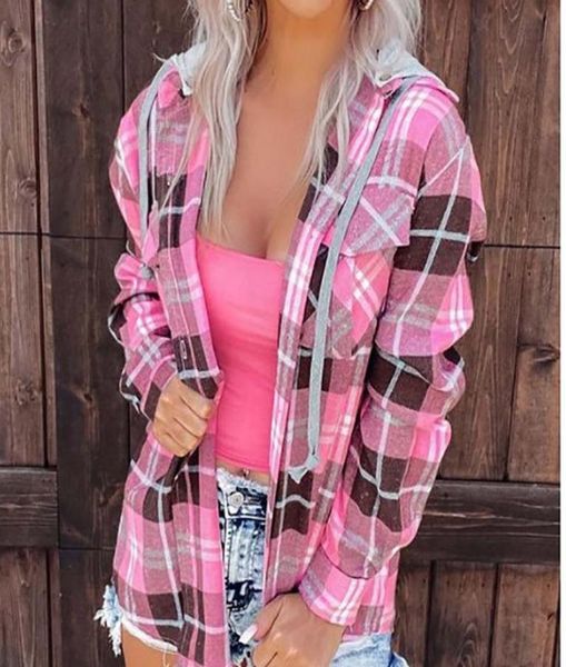 

women fashion blouses shirts casual pink women039s longsleeved shirt cardigan coat jackets lapel plaid detachable cap diag2679445, White