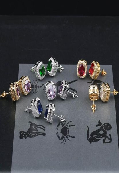 

hip hop colorful gemstone ear studs luxury designer mens bling iced out diamond earrings red green blue gem ruby emerald sapphire 3328907, Golden