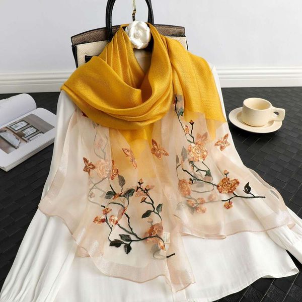 

handmade beaded embroidered silk scarf embrobroidered wool rose, Blue;gray