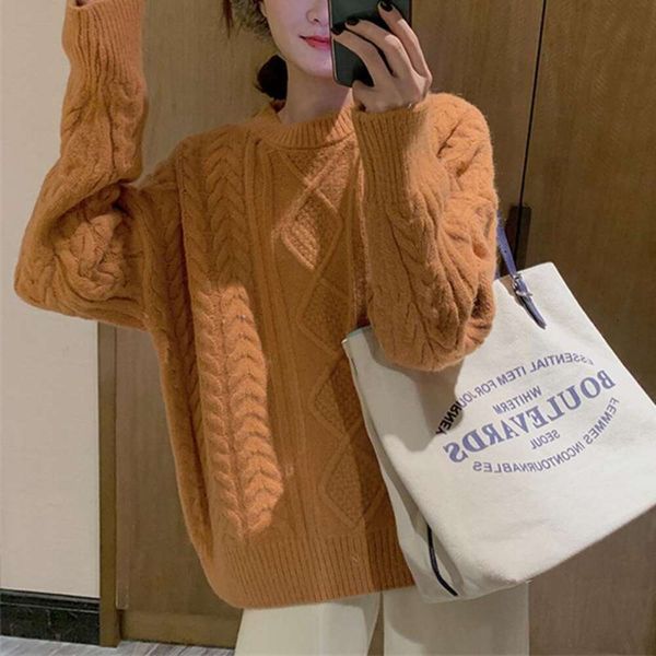 

thick round neck diamond shaped twisted sweater for women in autumn and winter loose retro pullover lazy french, White;black
