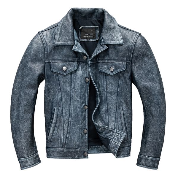 

men's leather faux vintage blue autumn jacket men casual denim style plus size 6xl natural cowhide slim fit genuine coat 230831, Black