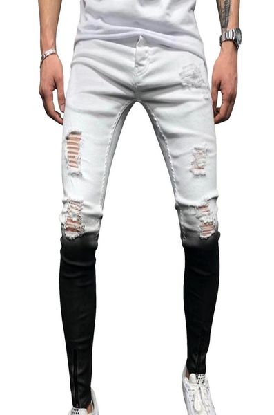 

new jeans skinny men gradient black white ripped hole denim pantalones male 2020 autumn ankle zipper pencil trousers1788298, Blue