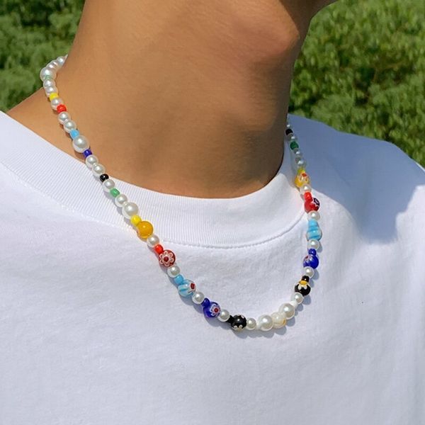 

pendant necklaces boho colorful printed simulated pearl chain necklace men summer vacation vintage handmade beads choker y2k jewelry accesso, Silver