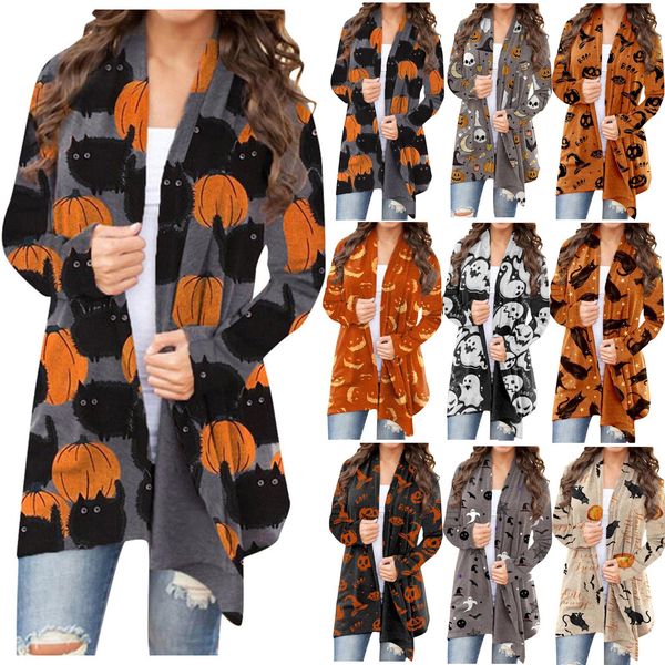 

womens sweaters women halloween cardigan fashionable pumpkin animal cat printing jacket long sleeve coat female autumn winter clothes 230831, White;black
