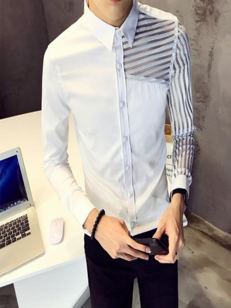 

slim fit shirt men transparent striped shirt designer dress social long sleeve white for men clothes camicia uomo9644010, White;black