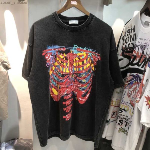 

summer new arrival skeleton pattern letter printing t shirt retro oversized washed streetwear tees mens clothing, White;black