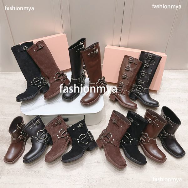 

designer boots harness belt buckled cowhide leather biker knee boots chunky heel zip knight boots fashion square toe ankle booties western b, Black