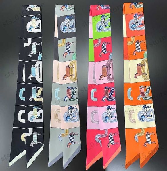 

scarves luxury silk skinny scarf 2022 fashion horse print bag handle ribbon ladies horse print headband small hair scarves band female t2304, Blue;gray