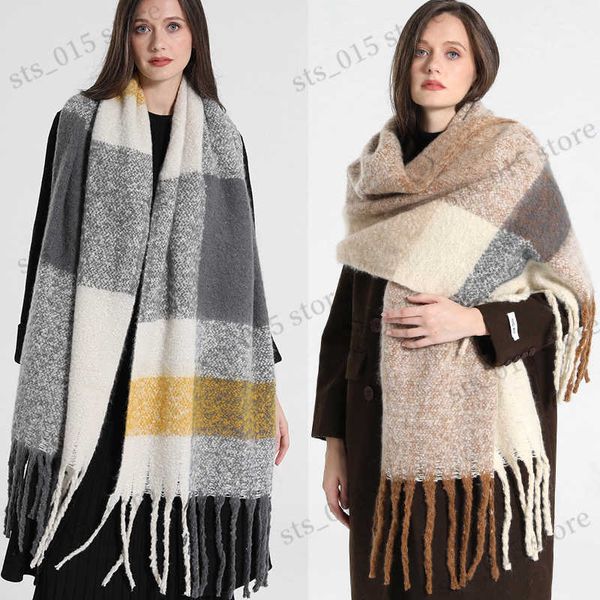 

shawls 2022 new luxury cashmere women plaid scarf winter warm shawl and wrap bandana pashmina long tassel female foulard thick blanket t2309, Blue;gray