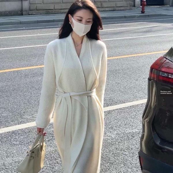 

temperament sweater cardigan coat womens mid length autumn and winter style lace up lazy wind loose trend, White;black