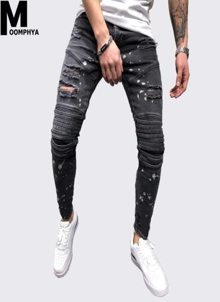 

moomphya destroyed holes skinny jeans men stylish ripped distressed jean homme black biker jeans hip hop streetwear men1665987, Blue