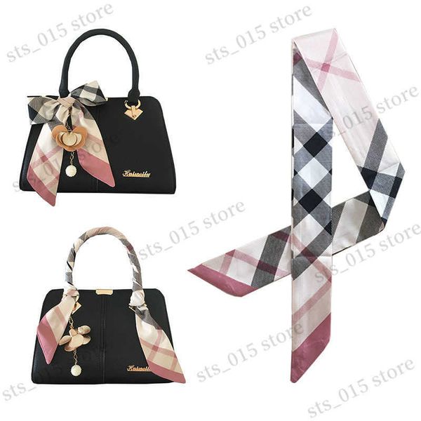 

scarves new bag scarf for women luxury brand silk foulard vintage plaided print patchwork head handle bag skinny scarves for ladies t230425, Blue;gray