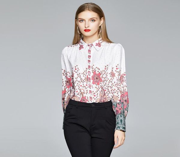 

new 2020 runway elegant women floral printed long sleeve shirts fashion ladies casual office lapel button loose blouses p3412448, White