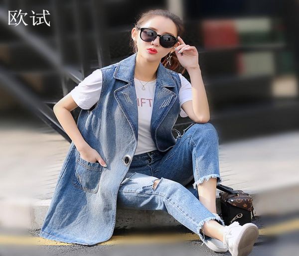 

plus size sleeveless denim long vest jacket women colete jeans gilet coat veste femme women clothing casaco feminino weste9591078, Black;white