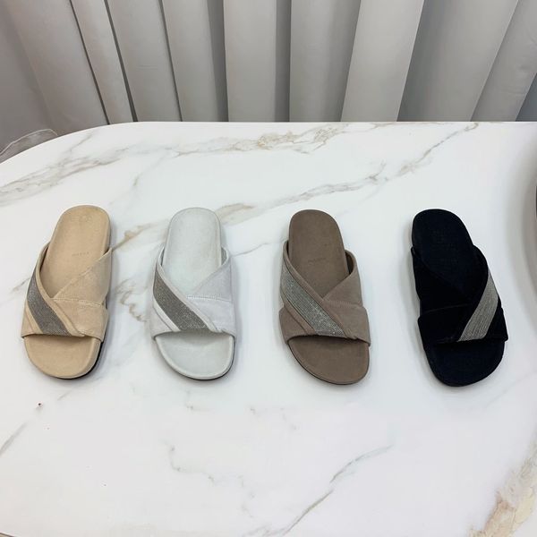 

rhinestone monili vamp slides flats mules slippers leather suede sole sandals women's luxury designers fashion casual shoes factory foo, Black