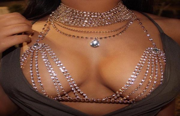 

kisscc sequined rhine chain bra diamond crop night cb party metal tank bralette chain choker bustier7667809, Black;white