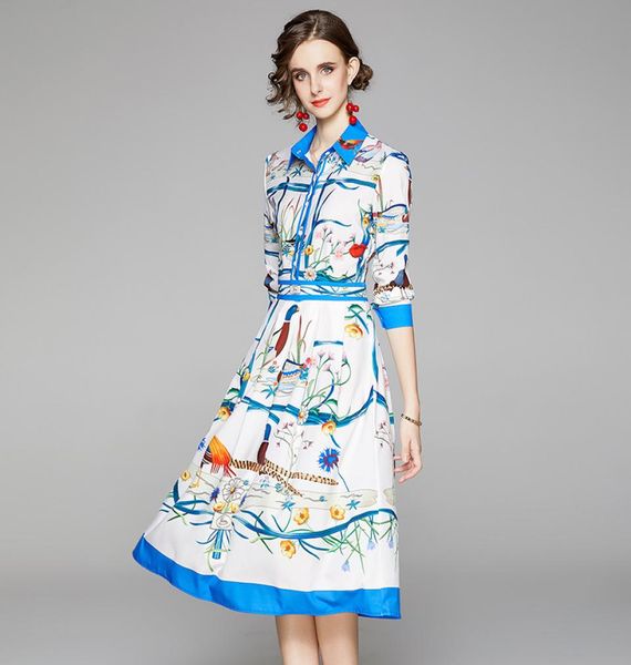 

spring summer fall autumn runway vintage floral print collar long sleeve button front women ladies casual party aline midi dress5615655, Black;gray