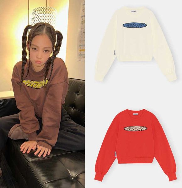 

ganni 23ss womens designer classic letter print pullover crew neck sweatshirt long sleeve sweatshirt washed loose sweatshir, Black