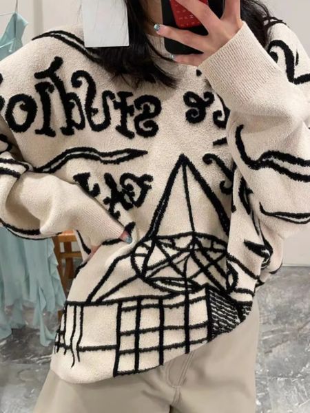 

women's sweaters sweater for women letter graffiti jacquard long sleeve oneck loose 2023 autumn winter pullover 230831, White;black