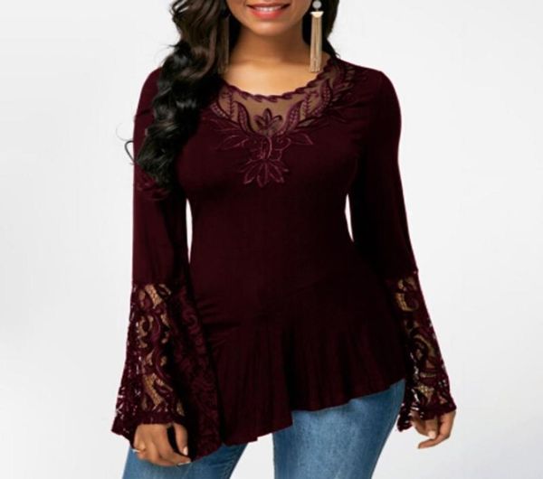 

women039s autumn blusas 2020 fashion lace patchwork blouse casual asymmetrical shirts female flare sleeve blusas plus size tuni2150971, White