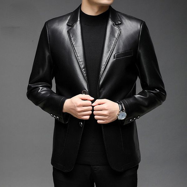 

men's leather faux genuine jackets autumn business blazers style slim thin trend zipper g139 230831, Black