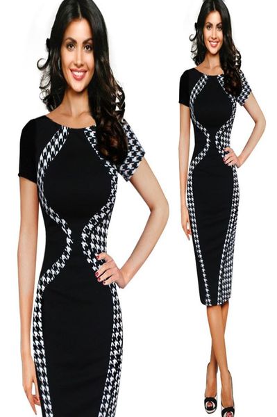 

career dress casual women colorblock contrast short sleeve ice business career sheath pencil bodycon stretch patchwork summer dresses b31511, White;black