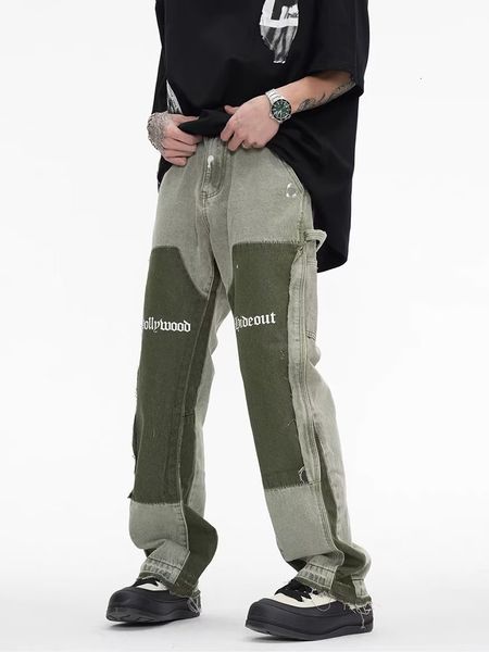 

men's jeans vintage distressed graffiti mens micro flared denim jean hip hop splash ink colorblocked street wear casual slim fit y2k je, Blue