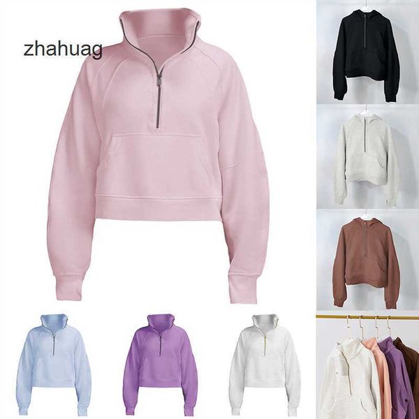 

fashion scubas lululemen womens yoga hoodie jackets thick scuba hoodys sports half zipper terry designer sweater cing loose short clothes wi, Black