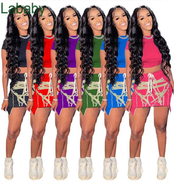 

women two piece dress designer outfits drawstring printed waist short sleeve skirt suit temperament commuting multicolor trac1110168, White