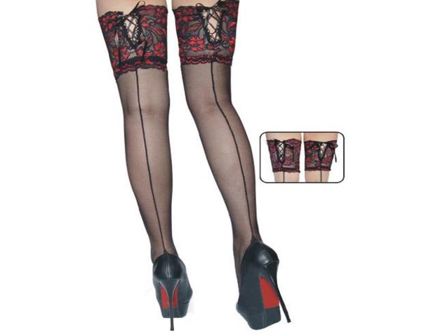 

punk maid cuban heel back seam stockings wide lace up hold up silicone floral thigh high stockings pantyhose for women1101119, Black;white