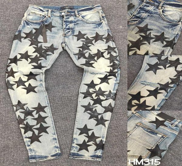 

falection mens 21ss amimike jeans distressed leather stars patch ripped denim jeans8369717, Blue