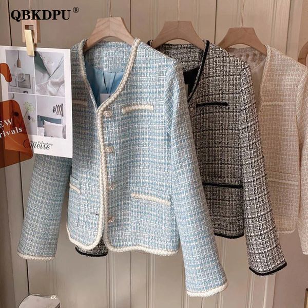 

womens wool blends small fragrance style elegant cropped tweed jacket women spring chic pearl button short coat vintage long sleeve outerwea, Black