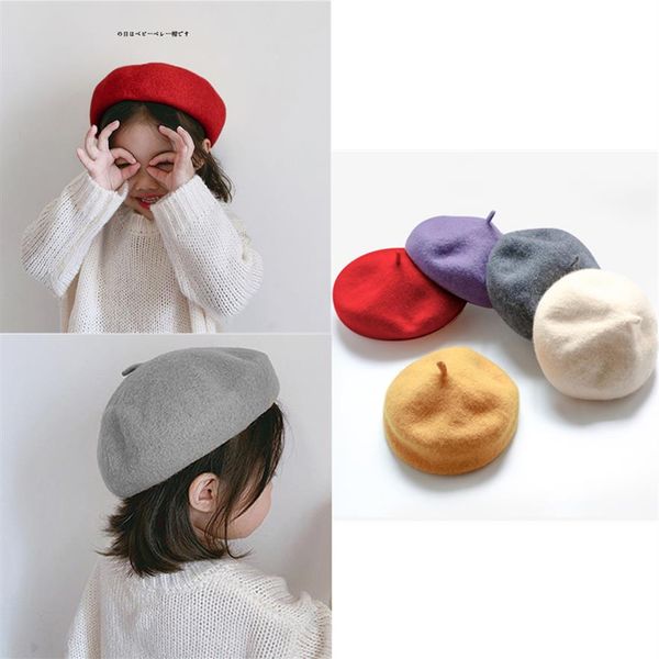 

vintage beret baby girls winter warm caps new year solid casual hat kids christmas red thick hat birthday cotton berets284g, Yellow