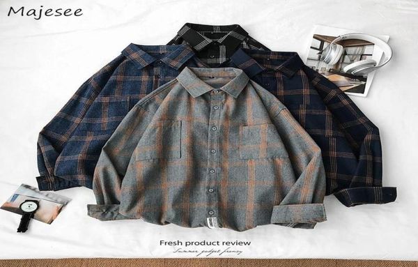 

men shirts long sleeve turndown collar large size 5xl plaid korean style vintage trendy loose students mens allmatch chic new12322692, White;black