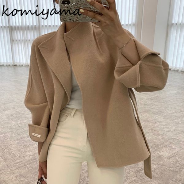 

womens wool blends komiyama korean chic drawstring jackets loose casual notched collar long sleeve trench coats autumn winter clothes women, Black