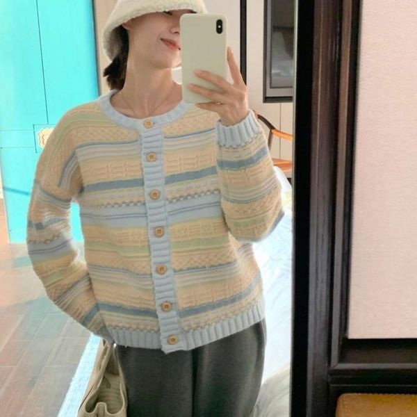 

korean striped sweater for women autumn round collar loose skinny soft cardigan, White;black