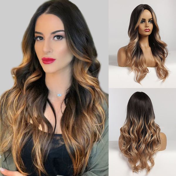 

black to blonde wig with highlights long wave synthetic wig middle parting